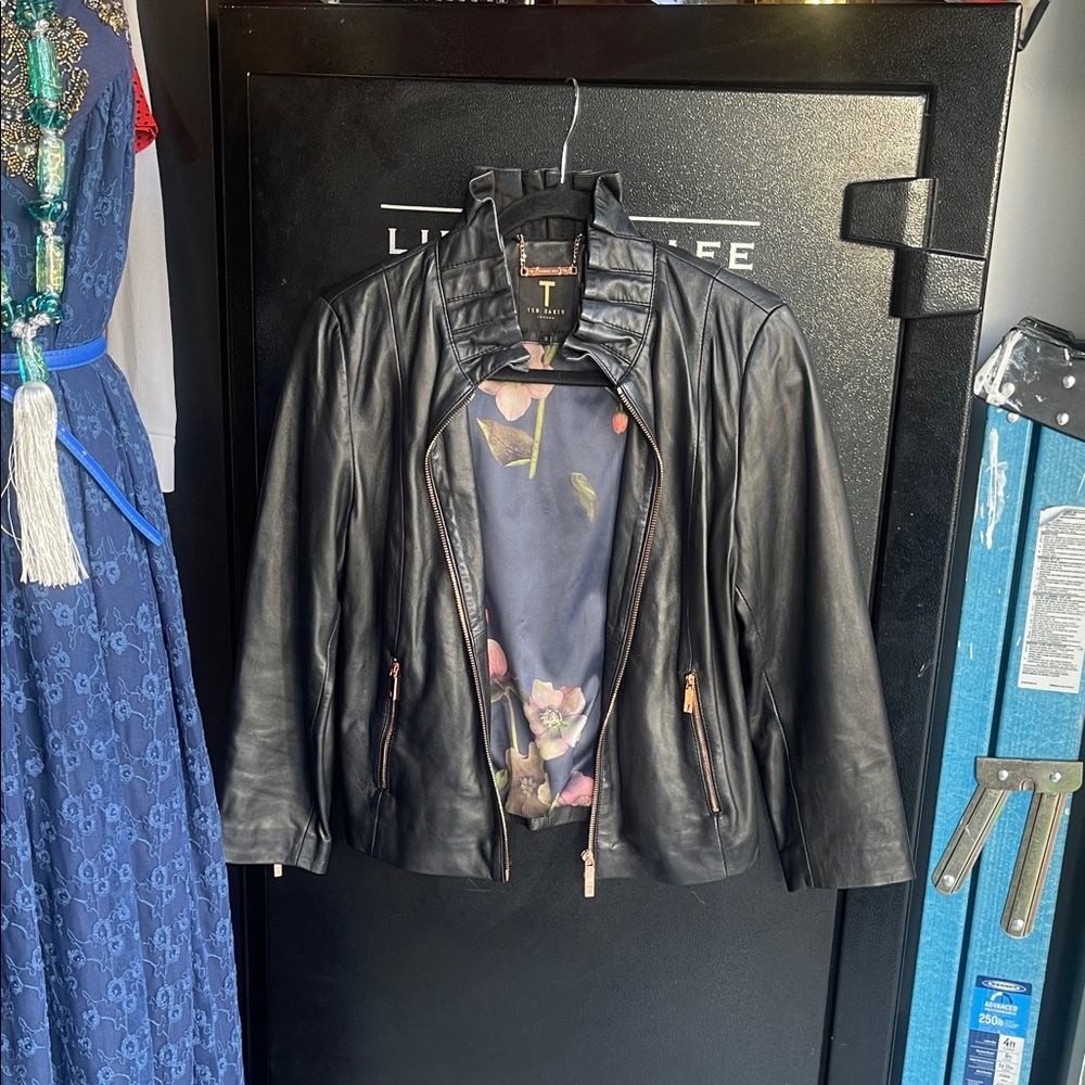 Ted Baker Black Leather Jacket with Gold Accents